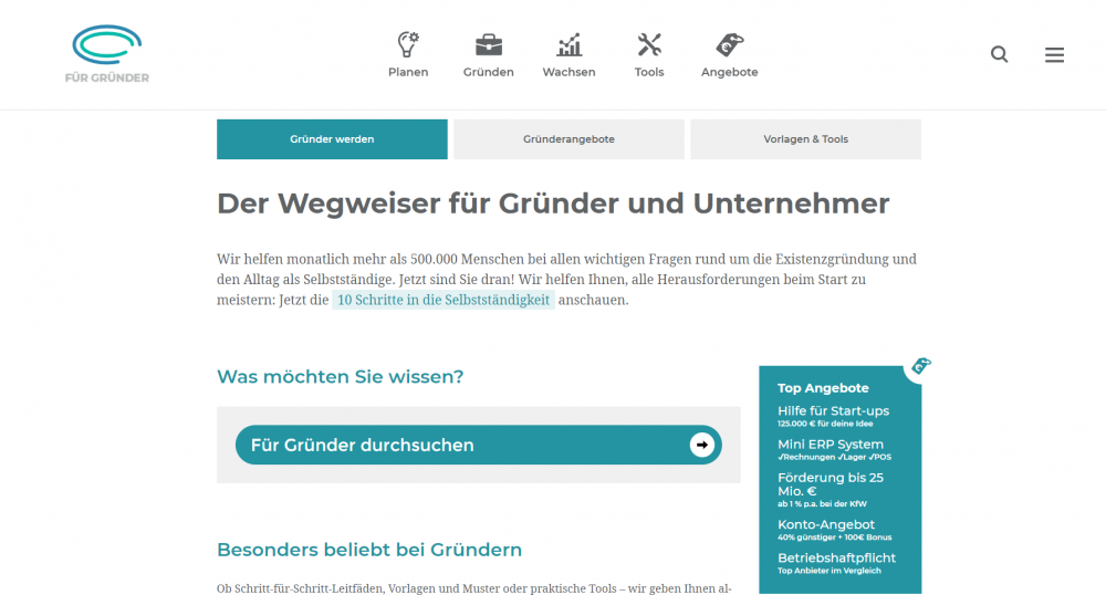 Screenshot von www.fuer-gruender.de